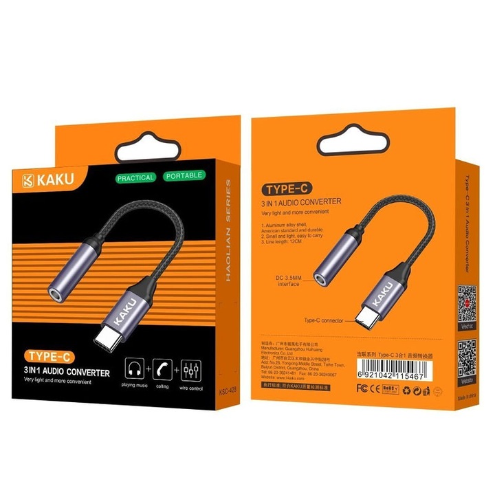 Cablu Adaptor, Convertor Audio - Jack (3.5mm) la conector Type-C (USB-C) Negru - KAKU - KSC-428