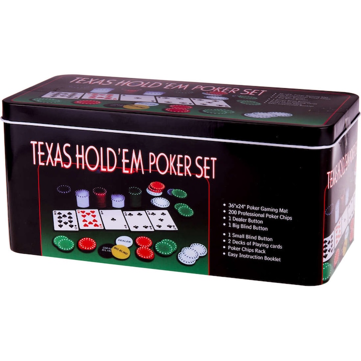 Black Texas Hold'em Poker Set, 200 чипа с 5 стойности, 2 тестета карти, подложка за игрална маса, големи и малки блиндови чипове за раздаване, метална кутия