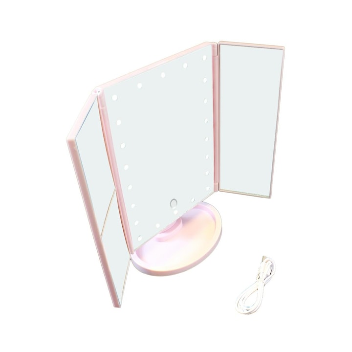 Oglinda pentru Machiaj LED cu Buton Tactil, 22 lumini, marire imagine 2x si 3x, Cu Picior, roz