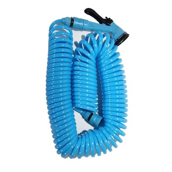 Furtun extensibil de gradina cu pistol si conectori, pentru gazon, 15 m, Albastru/Negru, 4 functii Furtun extensibil de gradina cu pistol si conectori, pentru gazon, 15 m, Albastru/Negru, 4 functii