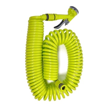 Furtun extensibil de gradina spiralat cu pistol si conectori, pentru gazon, 15 m, Verde/Negru, 4 functii Furtun extensibil de gradina spiralat cu pistol si conectori, pentru gazon, 15 m, Verde/Negru, 4 functii