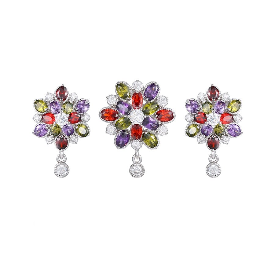 Set bijuterii Desire Multicolor, colier si cercei, dublu placat Rodiu, Aur alb