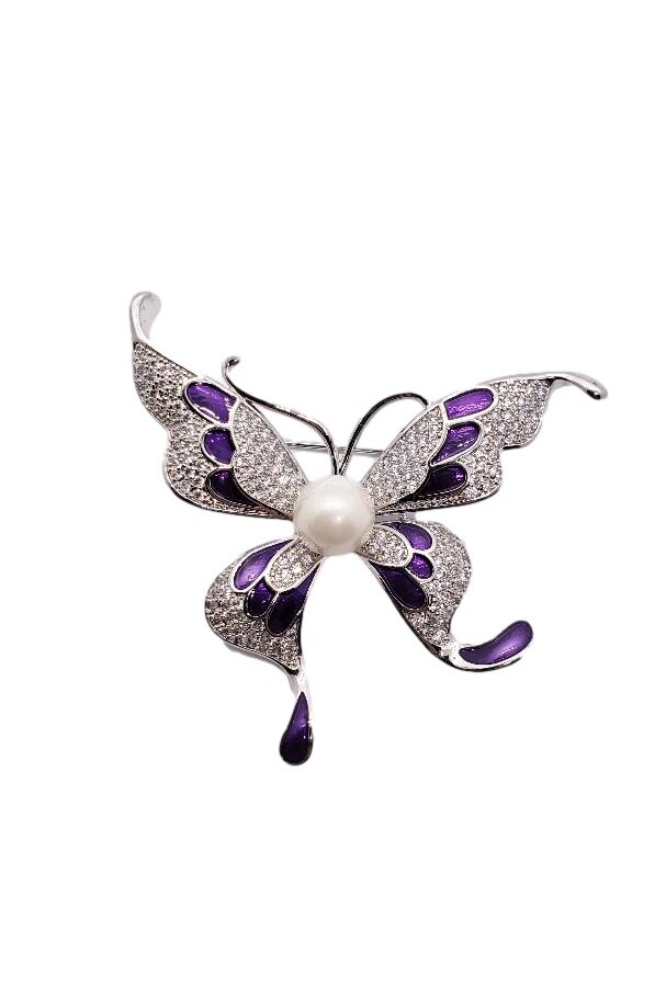 Brosa PURPLE BUTTERFLY ,, argintiu,inox placat cu aur de 14K, 25 g, Cutie cadou