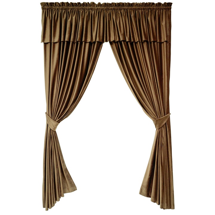 Set de 2 draperii + mantovan din catifea, cu rejansa, maro-scortisoara, opace, 200x250