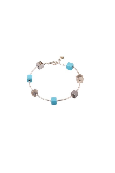 Bratara cu tuburi, flori din argint si cuburi de turcoaz