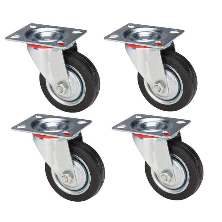 Set de 4 roti pivotante din cauciuc plin, cu placa, 200 mm 230kg