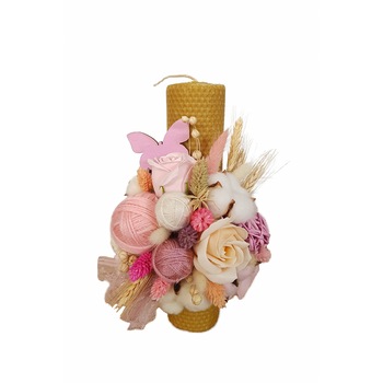 Lumanare de botez din ceara naturala de albine, cu gheme de lanita, roz, 26 cm Lumanare de botez din ceara naturala de albine, cu gheme de lanita, roz, 26 cm