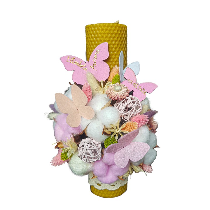 Lumanare de botez din ceara naturala de albine, cu bumbac si flori naturale uscate, roz, 26 cm