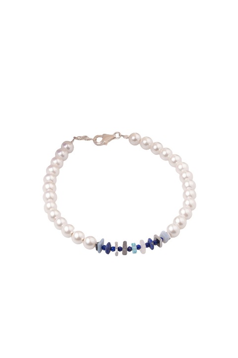 Bratara cu perle sintetice si placute pietre semipretioase diverse, Argint, Alb/Albastru