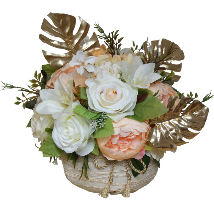 Aranjament cu flori artificiale BeatrixArt, Cos crem cu auriu si frunze filodendron aurii, 30x30x27 cm