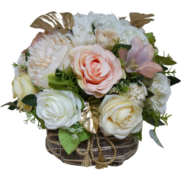 Aranjament cu flori artificiale BeatrixArt, Cos maro cu auriu si frunze filodendron aurii, 30x30x27 cm