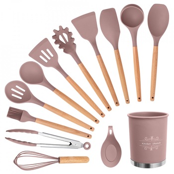 Set 13 Ustensile antiaderente de Bucatarie din silicon cu maner solid din bambus, roz Set 13 Ustensile antiaderente de Bucatarie din silicon cu maner solid din bambus, roz
