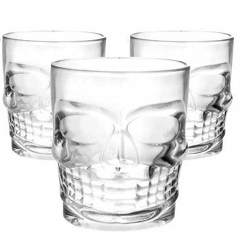 Set 3 pahare din sticla, forma de craniu, 270 ml, Pufo Set 3 pahare din sticla, forma de craniu, 270 ml, Pufo
