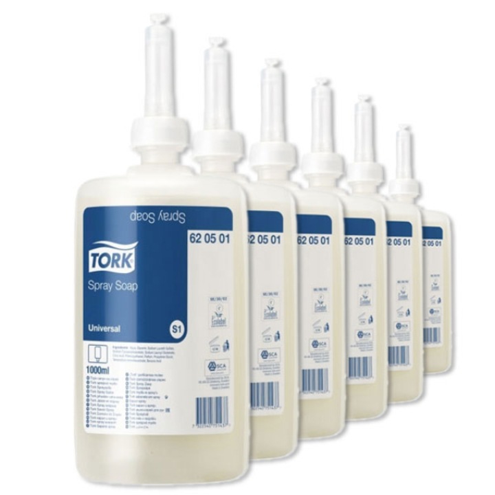 Комплект 6* Спрей сапун Tork Universal 620501, 1L, свеж аромат, прозрачен цвят