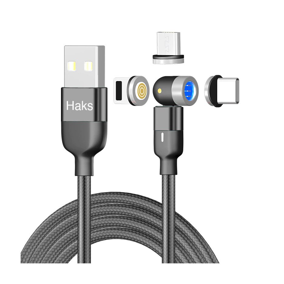 Cablu de date si incarcare magnetic rotativ 3 in 1 Lightning, Type-C , micro-USB, 540 grade cu incarcare rapida, Alb