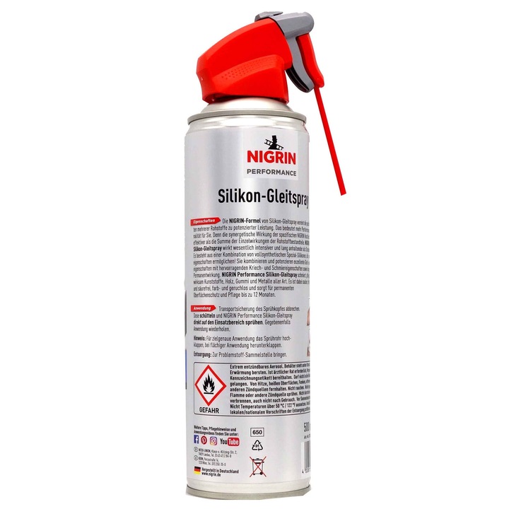 Силиконов лубрикант спрей Nigrin Performance, За пластмаса, Гума, Метал и дърво, 500 ml