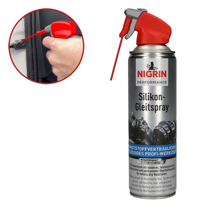 Spray lubrifiant cu silicon, Nigrin Performance, aplicator, pentru plastic, cauciuc, metal si lemn, 500 ml