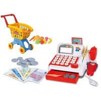 set supermarket cu casa de marcat cu sertar glisant pentru bani sunete si lumini cos de cumparaturi scanner de produse cititor de carduri bancnote si multiple produse imagen 18_0_
0