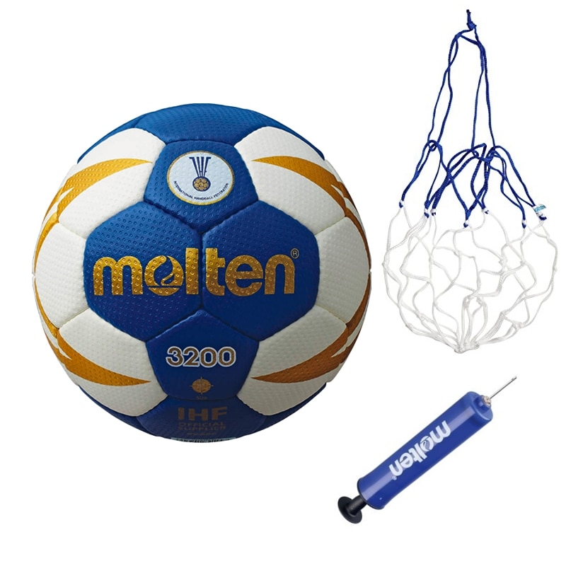 Minge handbal Molten H2X3200-BW, numarul 2, aprobata IHF, albastru cu alb, pompa si plasa