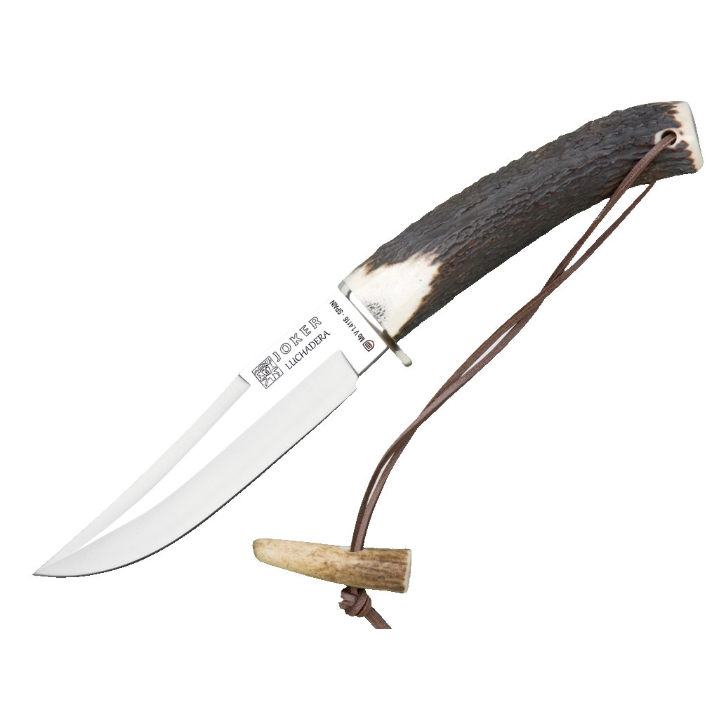 Cutit de vanatoare Luchadera Joker, maner sculptat manual din corn de cerb, lama de 14 cm din otel inoxidabil, toc din piele premium maro, atasabil la curea si alte echipamente