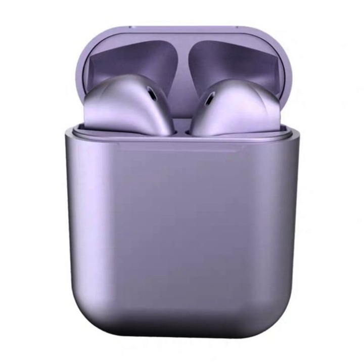 Casti bluetooth TWS i12 macaron, versiune bluetooth 5.0, tehnologie wireless, microfon incorporat, senzor touch, operare 3 h, dock super slim, bass puternic, model 2021, Mov metalizat Selling depot