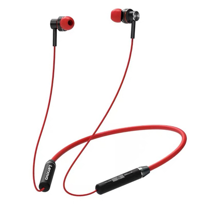 Bluetooth 5.0 безжични слушалки, Lenovo HE 06, червени, HD звук, водоустойчиви, универсална съвместимост