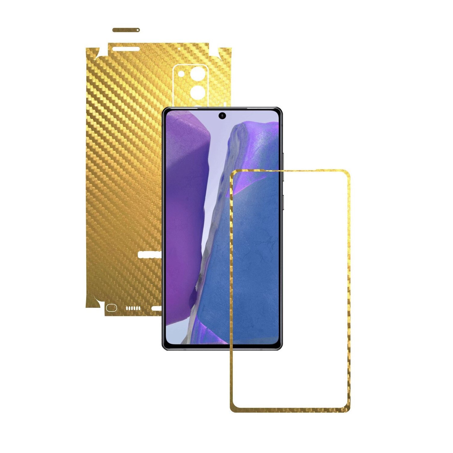 Folie Protectie Carbon Skinz pentru Samsung Galaxy Note 20 - Carbon Auriu 360 Cut, Skin Adeziv Full Body Cover pentru Rama Ecran, Carcasa Spate si Laterale