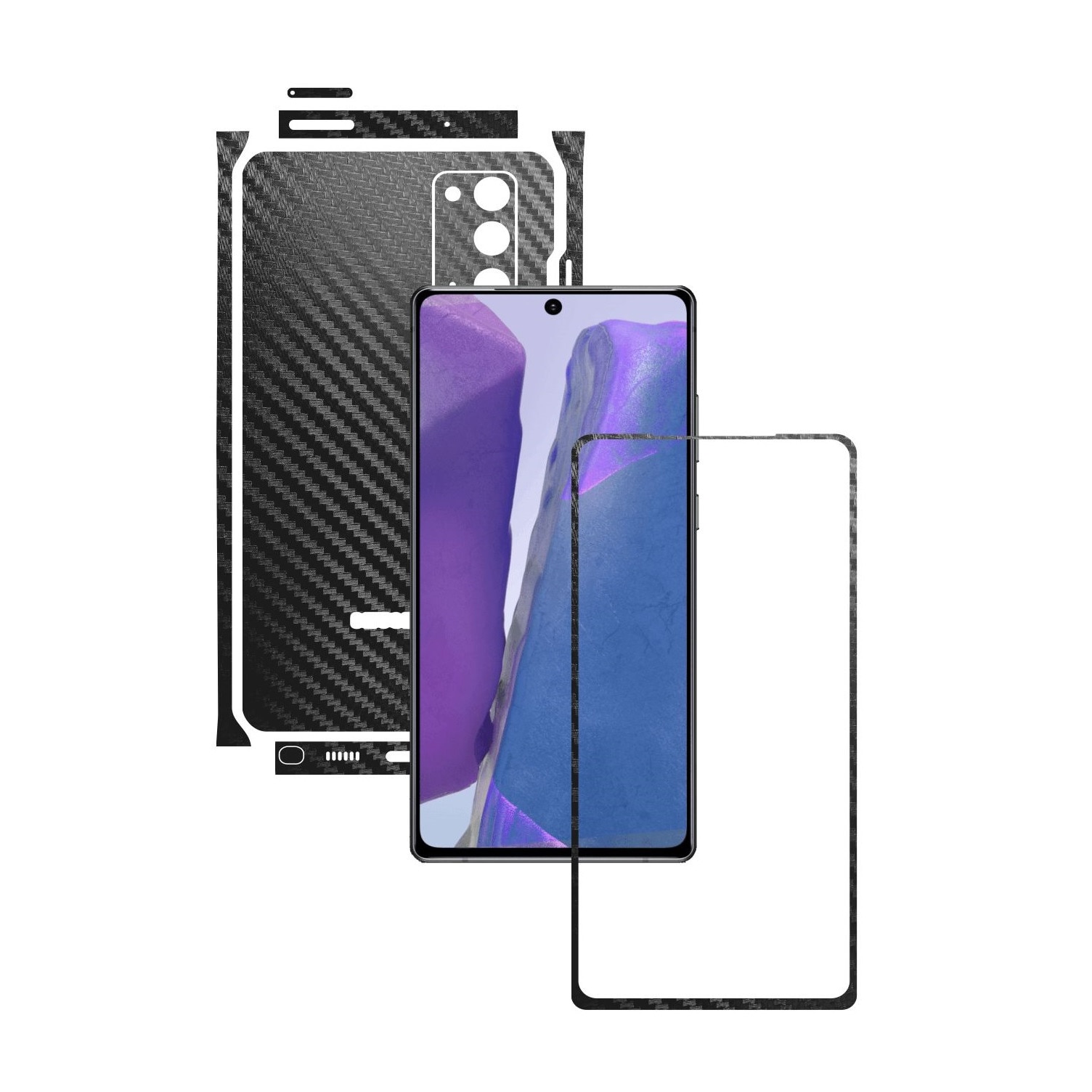 Folie Protectie Carbon Skinz pentru Samsung Galaxy Note 20 - Carbon Negru Split Cut, Skin Adeziv Full Body Cover pentru Rama Ecran, Carcasa Spate si Laterale