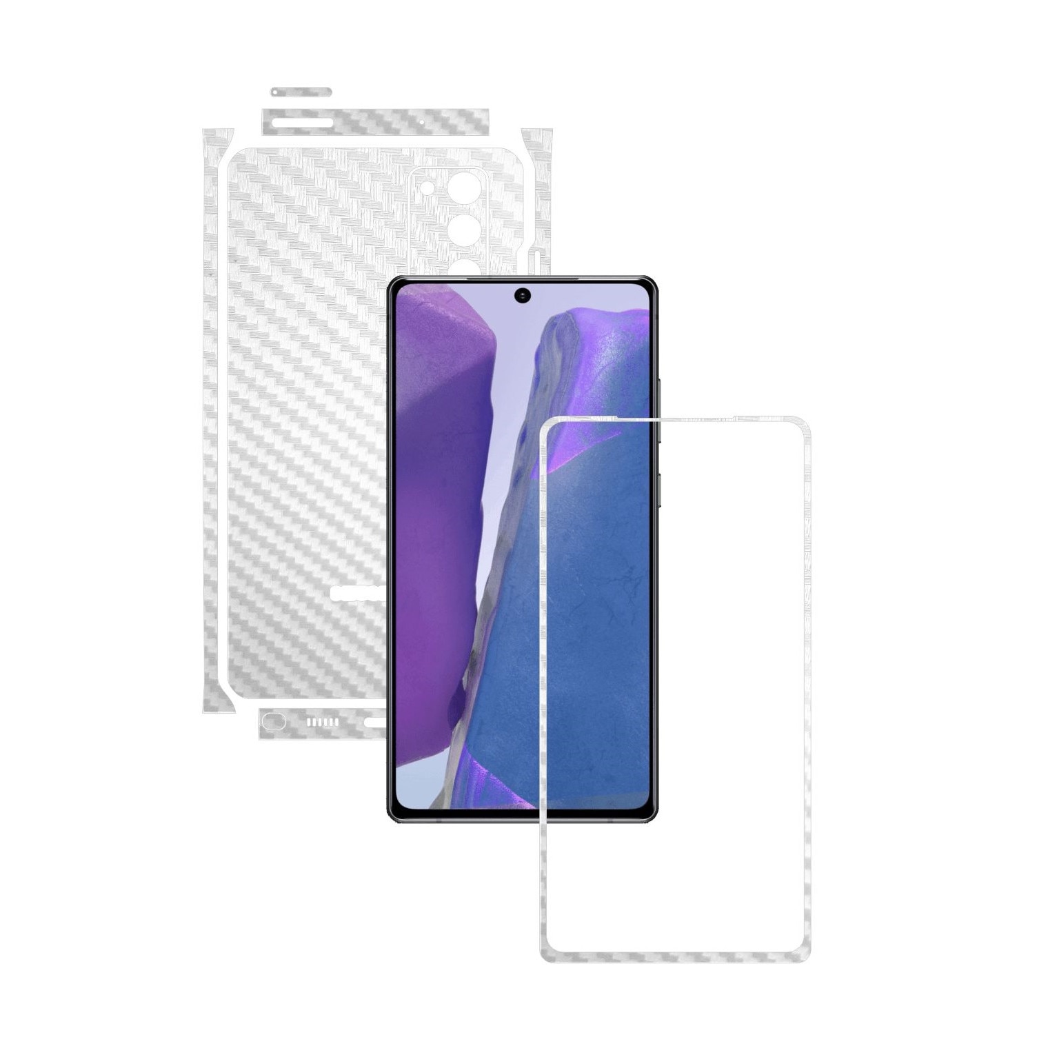 Folie Protectie Carbon Skinz pentru Samsung Galaxy Note 20 - Carbon Alb Split Cut, Skin Adeziv Full Body Cover pentru Rama Ecran, Carcasa Spate si Laterale