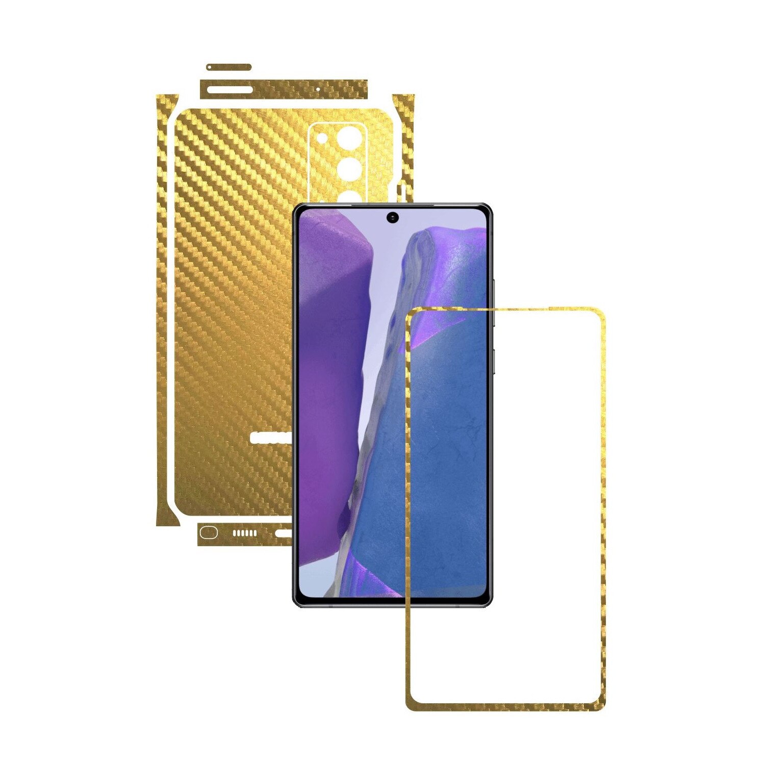 Folie Protectie Carbon Skinz pentru Samsung Galaxy Note 20 - Carbon Auriu Split Cut, Skin Adeziv Full Body Cover pentru Rama Ecran, Carcasa Spate si Laterale