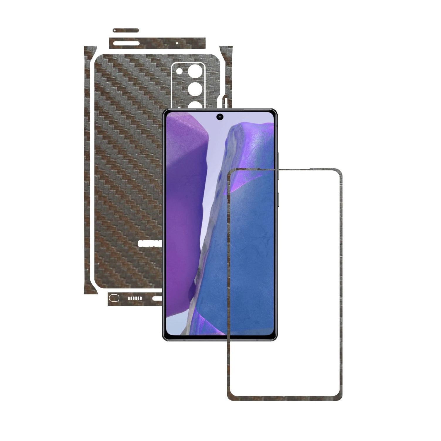 Folie Protectie Carbon Skinz pentru Samsung Galaxy Note 20 - Carbon Gri Argintiu Split Cut, Skin Adeziv Full Body Cover pentru Rama Ecran, Carcasa Spate si Laterale