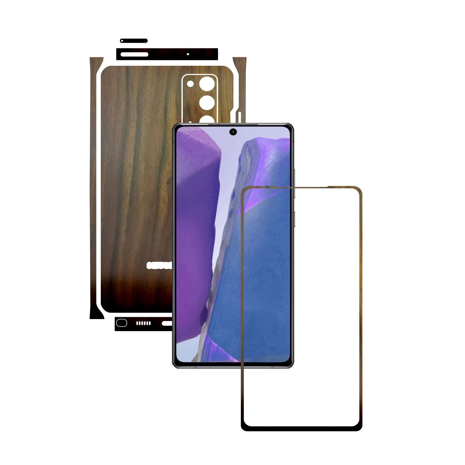 Folie Protectie Carbon Skinz pentru Samsung Galaxy Note 20 - Lemn Nuc Split Cut, Skin Adeziv Full Body Cover pentru Rama Ecran, Carcasa Spate si Laterale