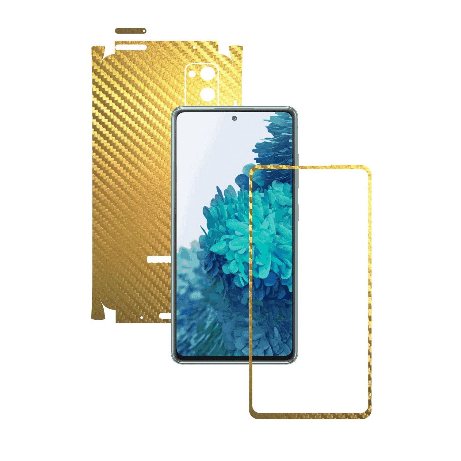 Folie Protectie Carbon Skinz pentru Samsung Galaxy S20 FE - Carbon Auriu 360 Cut, Skin Adeziv Full Body Cover pentru Rama Ecran, Carcasa Spate si Laterale