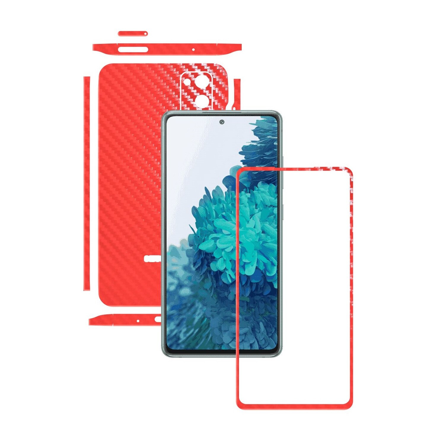 Folie Protectie Carbon Skinz pentru Samsung Galaxy S20 FE - Carbon Rosu Split Cut, Skin Adeziv Full Body Cover pentru Rama Ecran, Carcasa Spate si Laterale