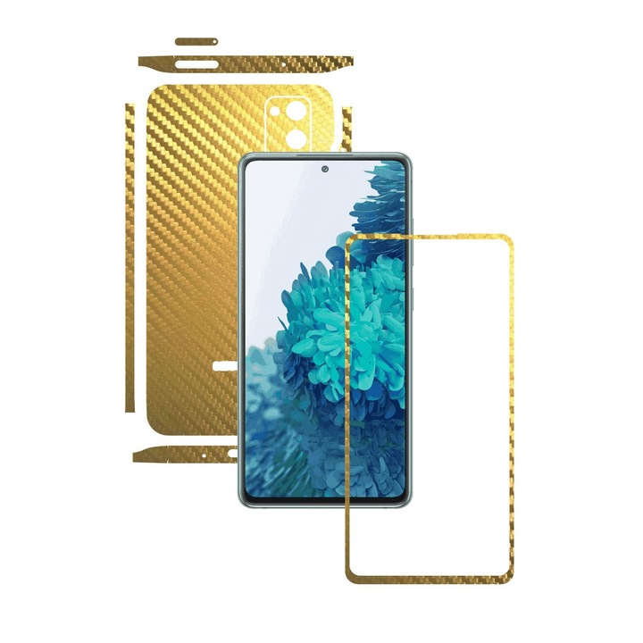 Folie Protectie Carbon Skinz pentru Samsung Galaxy S20 FE - Carbon Auriu Split Cut, Skin Adeziv Full Body Cover pentru Rama Ecran, Carcasa Spate si Laterale