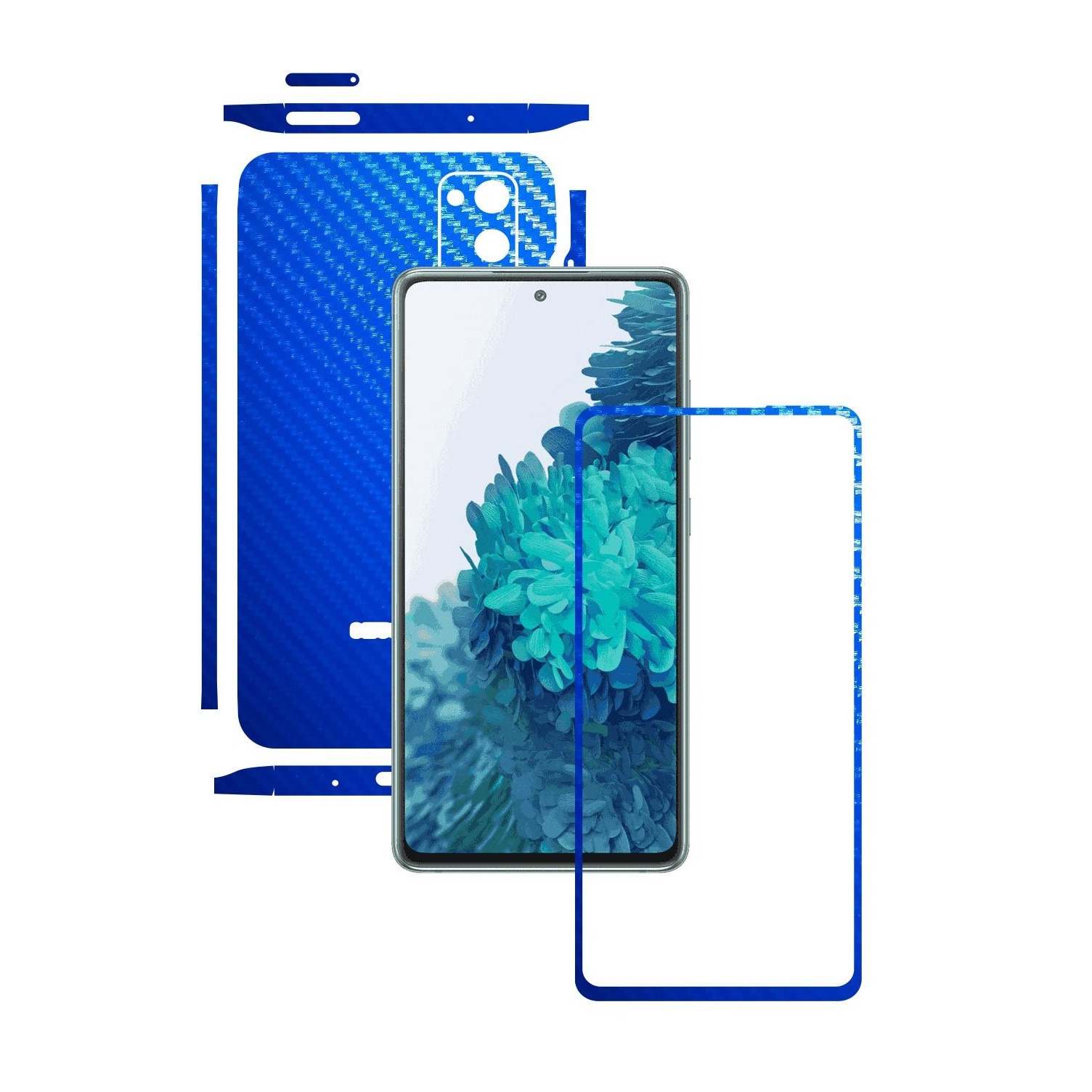 Folie Protectie Carbon Skinz pentru Samsung Galaxy S20 FE - Carbon Albastru Split Cut, Skin Adeziv Full Body Cover pentru Rama Ecran, Carcasa Spate si Laterale
