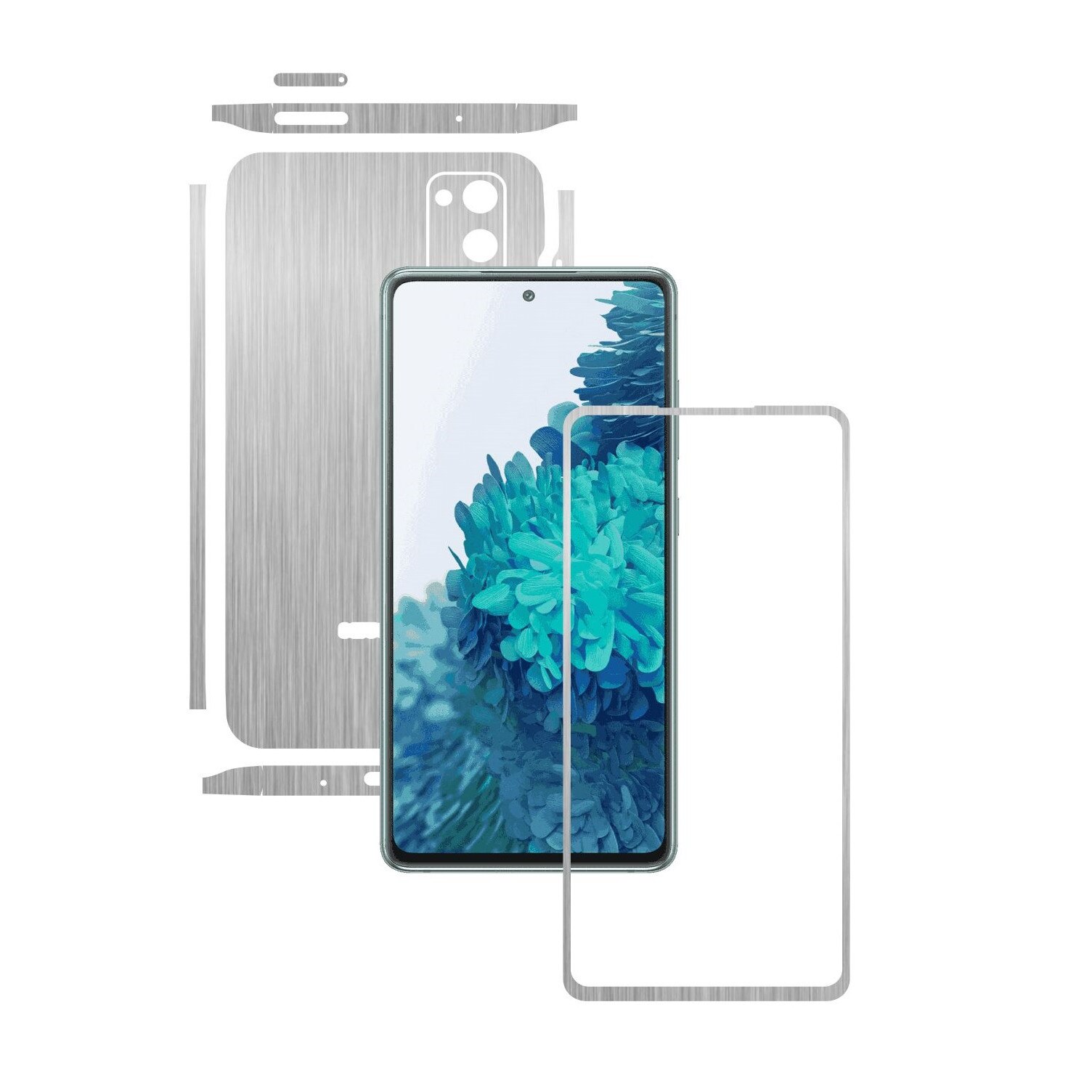 Folie Protectie Carbon Skinz pentru Samsung Galaxy S20 FE - Brushed Argintiu Split Cut, Skin Adeziv Full Body Cover pentru Rama Ecran, Carcasa Spate si Laterale