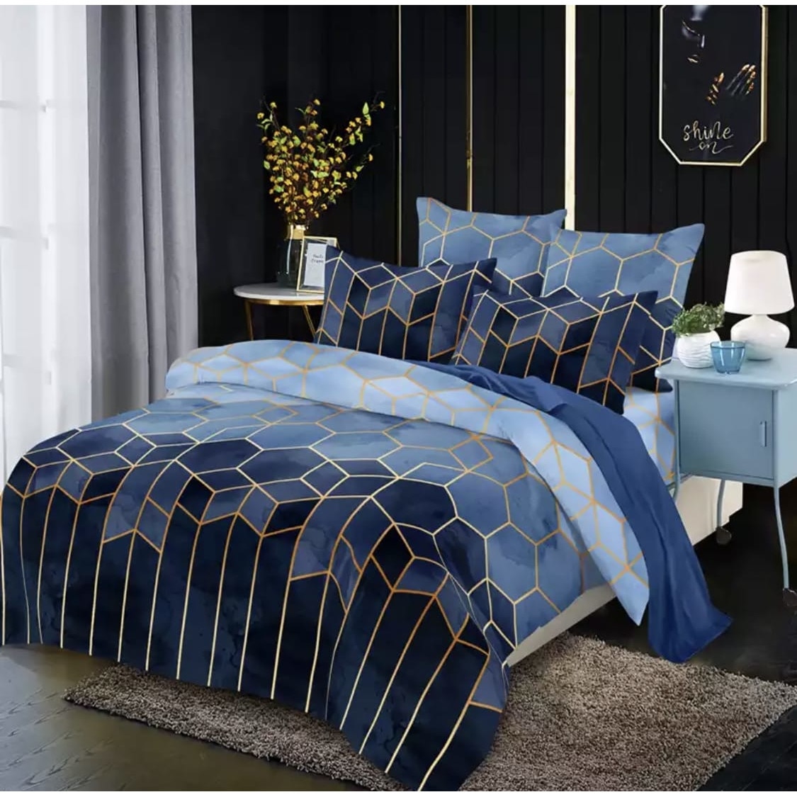 Lenjerie de pat dublu, bumbac finet premium, 6 piese, 2 persoane, Geometric blue