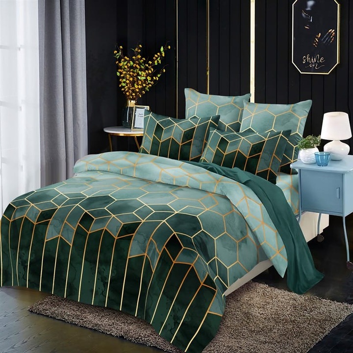 Спално бельо за двама, фин премиум памук, 6 части, 2 лица, Geometric green