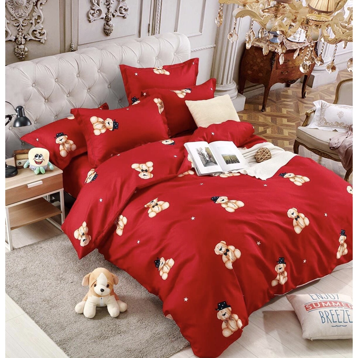 Lenjerie de pat dublu, Bumbac Finet, 6 piese, 2 persoane, Desene animate Ursuleti