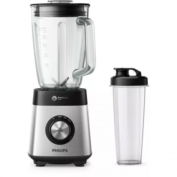 Blender Philips Whale, 1000 W, Carcasa din metal, Viteza variabila si impuls, Vas sticla 2 L, Accesoriu sticla on-the-go, Negru/Argintiu