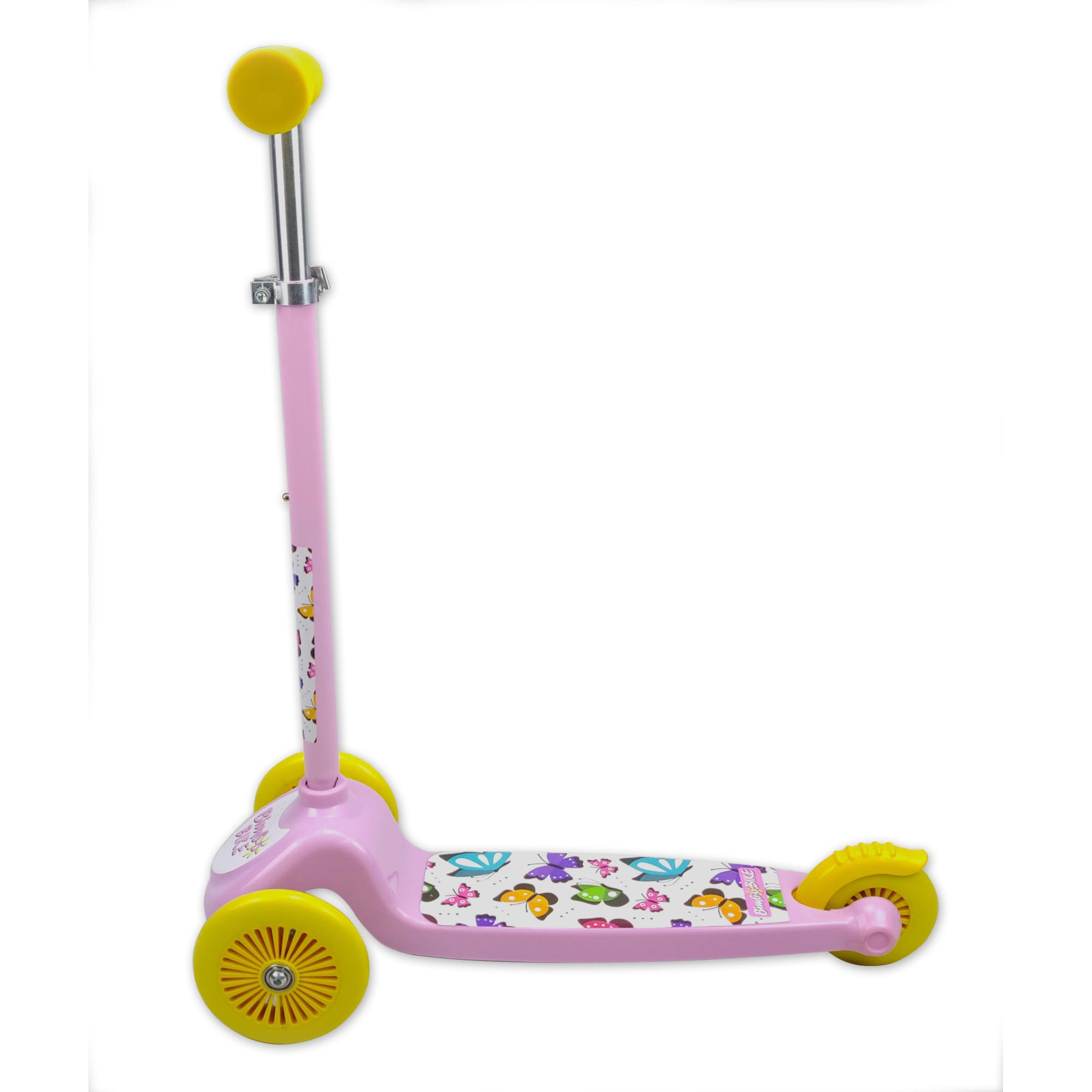 Trotineta cu ghidon reglabil pe 3 inaltimi, cu dimensiunile 55 x 32 x 76 cm, de culoare roz, pentru fete de peste 2 ani