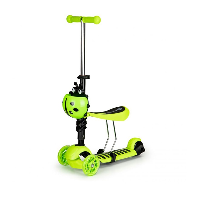 Trotineta pliabila tip scooter pentru copii, reglabila, cu 3 roti, iluminare LED, scaun detasabil, 80kg, culoare verde