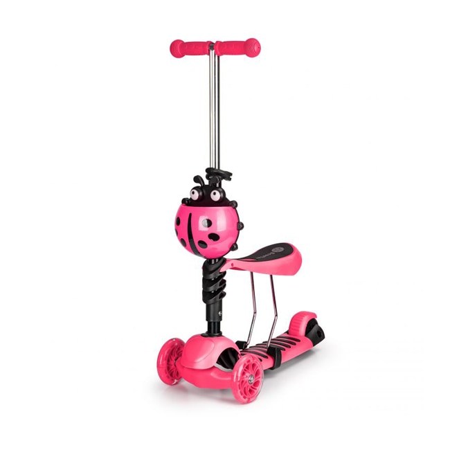 Trotineta pliabila tip scooter pentru copii, reglabila, cu 3 roti, iluminare LED, scaun detasabil, 80kg, culoare roz
