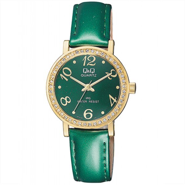 Ceas Q&Q cod QZ15J105Y, carcasa aurie, 34mm, curea verde