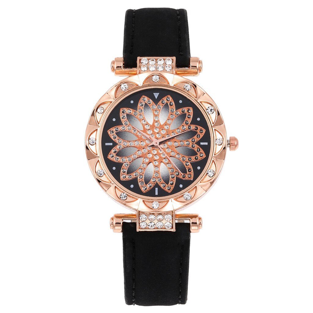 Ceas de dama stil casual, Stylish Flower, cu cristale, negru cu auriu