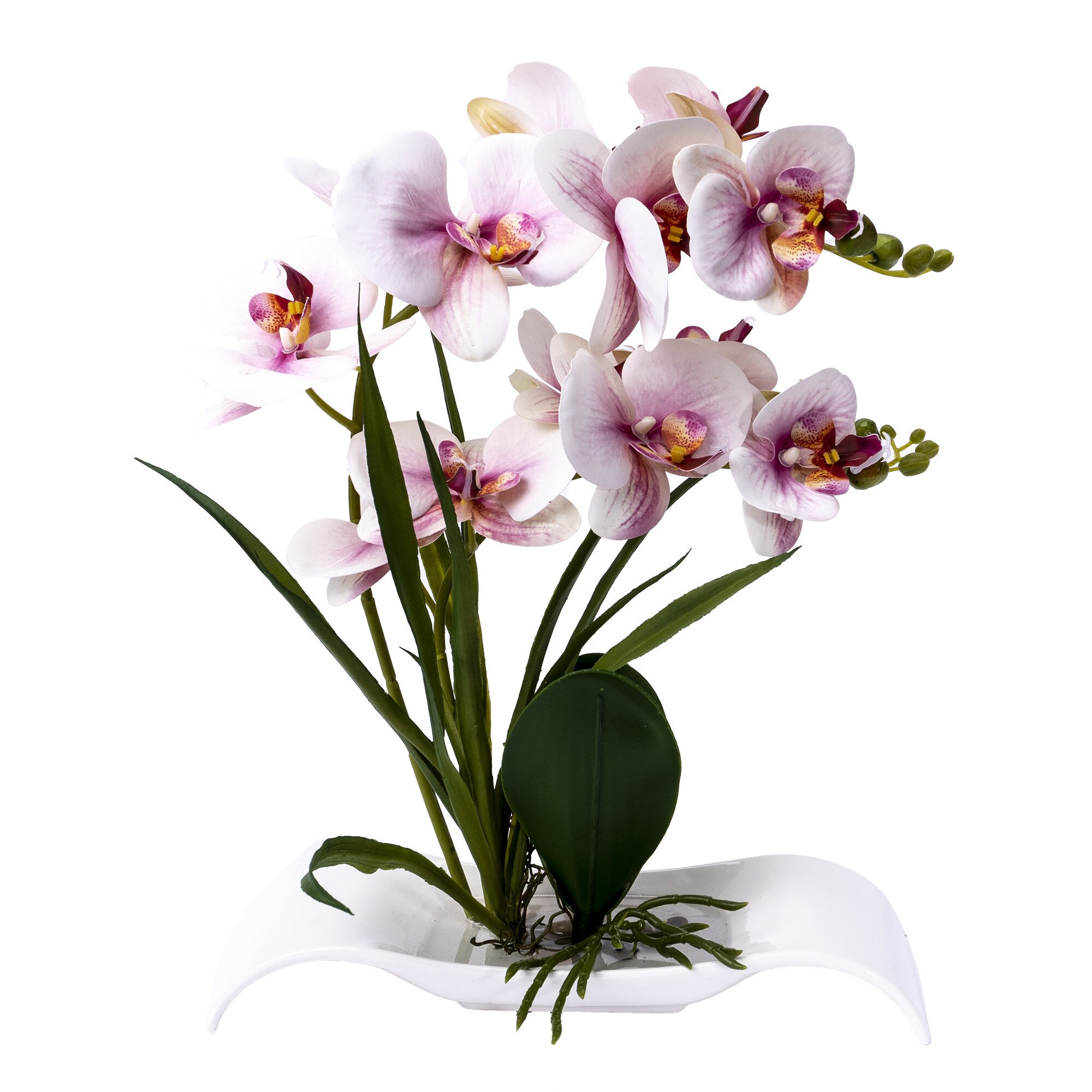 Orhidee cu aspect natural in ghiveci dreptunghiular ceramica alb, H 40 cm / CD3769-Roz pal