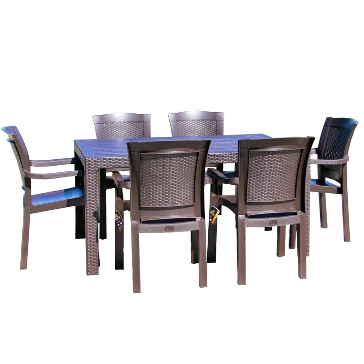 Set mobila gradina,terasa TIVOLI masa CLASSI RATAN cu 6 scaune ROMA RATTAN polipropilen/fibra sticla culoare cafea