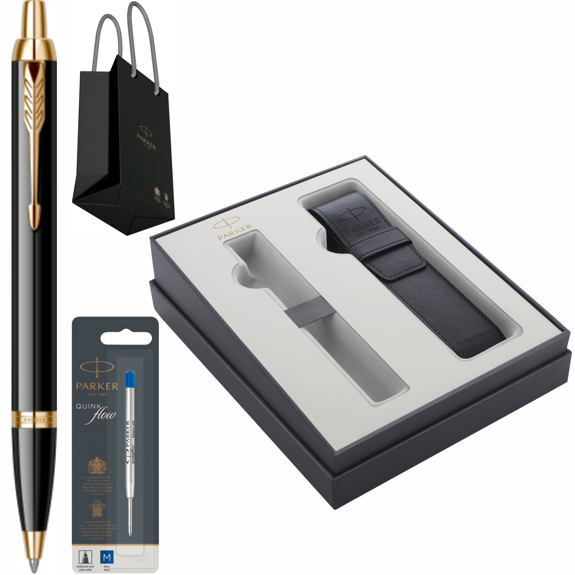 Set Parker Pix IM Royal Black Lacquer GT Personalizat prin Gravura Laser cu rezerva mina pix Quink Flow Albastru M/ F in Cutie cu Etui si Punga
