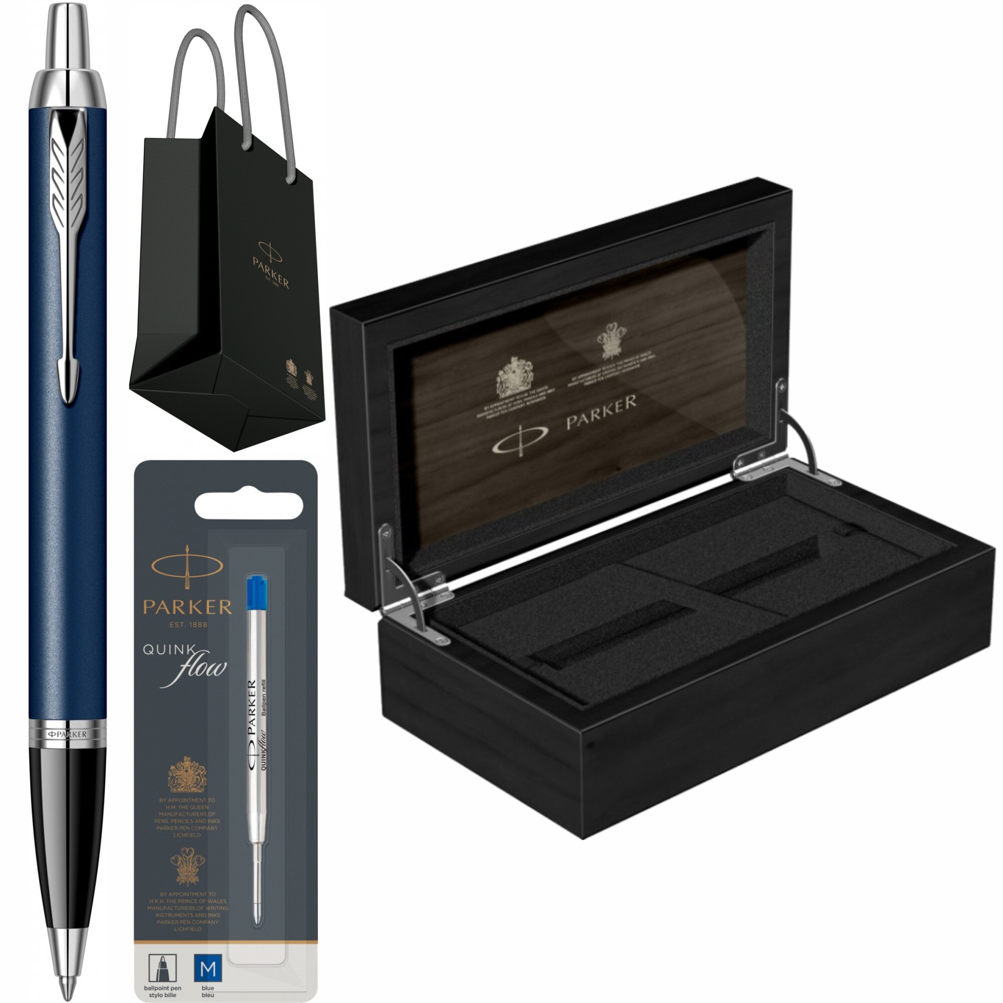 Set Parker Pix IM Royal Matte Blue CT Personalizat prin Gravura Laser cu rezerva mina pix Quink Flow Albastru M/ F in cutie de lemn si punga